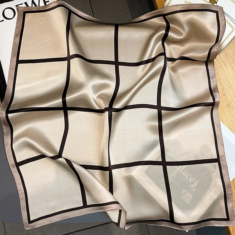 Fashion Ladies Elegant Checkered Print 100% Real Silk Neckerchief Bandanas Women Plaid Printed 70*70cm square Silk Tie Scarves