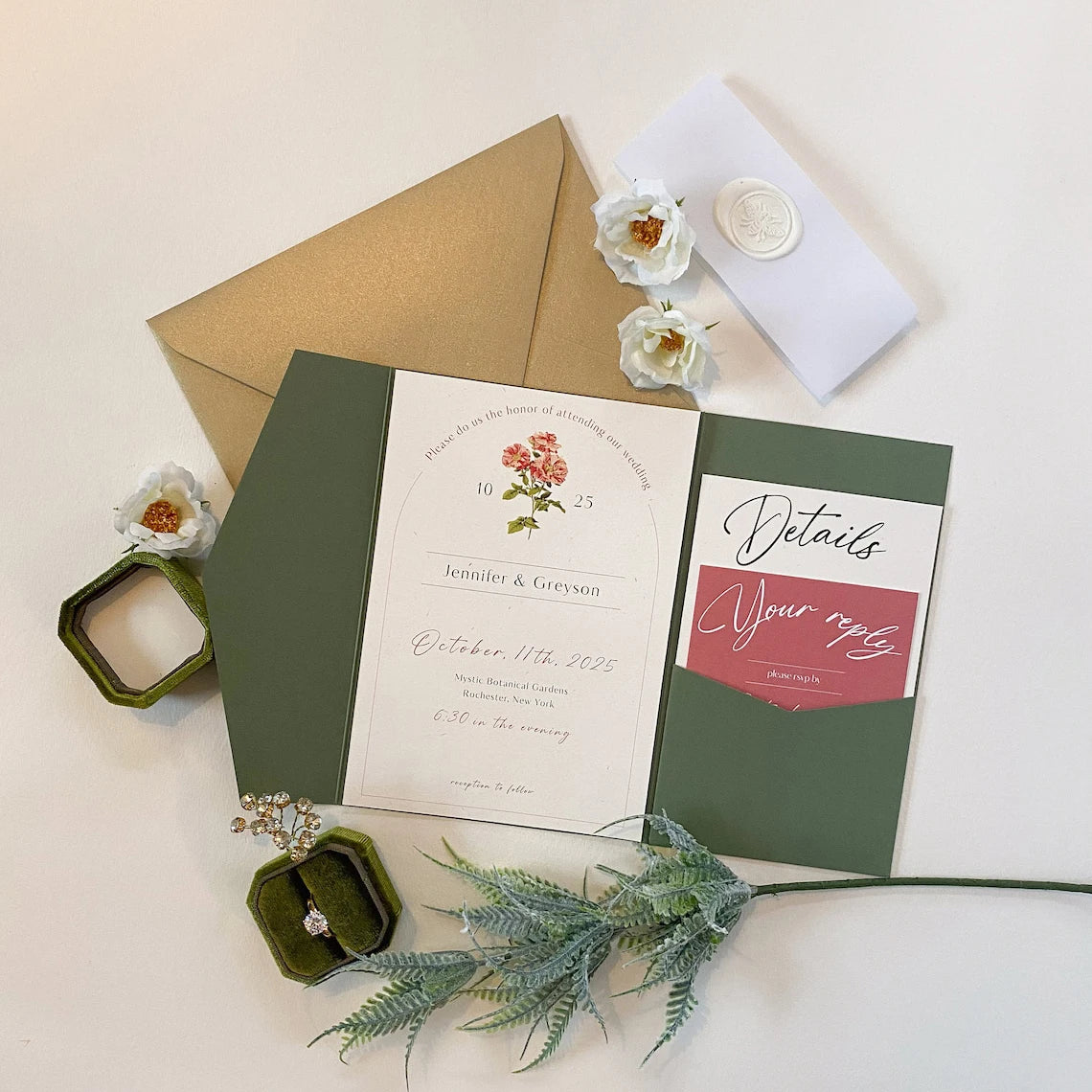 Green Trifold Wedding Invitations With Luxury Wedding Pocket Sleeve & Wax Sticker
