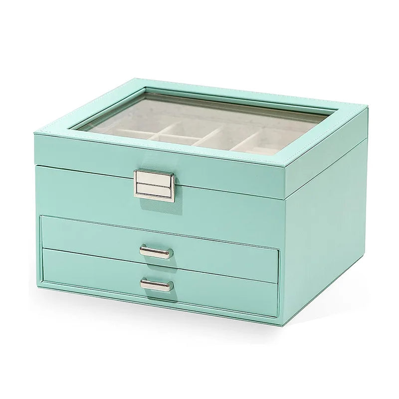 Stackable Jewelry Storage Box with Acrylic Window Drawer Wood Jewelry Box Large Capacity for Ring Earrings with Lock
