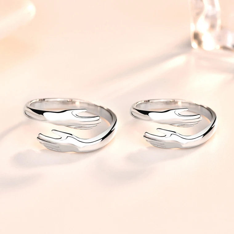Simple Plain Sterling Silver Open Ring Romantic Couple Hands Hug Design for Girls or Boys Daily Use