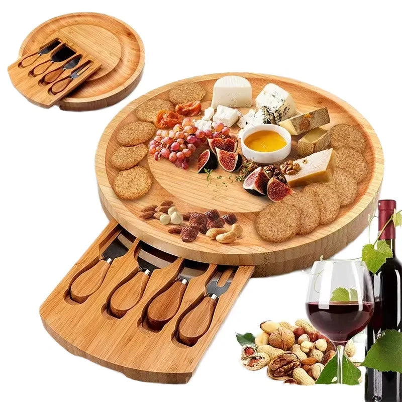 Custom Logo Round Charcuterie Board Removable Slate Bamboo Cheese Board Set with Cutlery Drawer and Knife Set