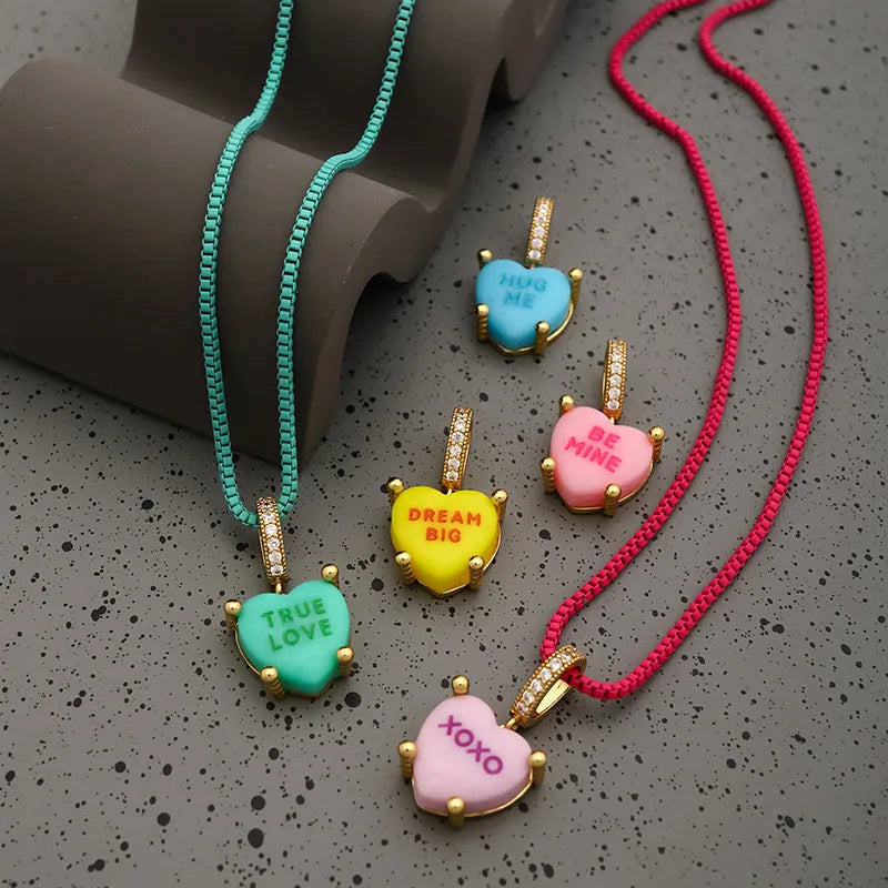 Candy Color Heart Letter Pendant Message Necklace Zircon Love Charm Necklace for Women Y2K Jewelry DIY Accessories Trendy Gifts