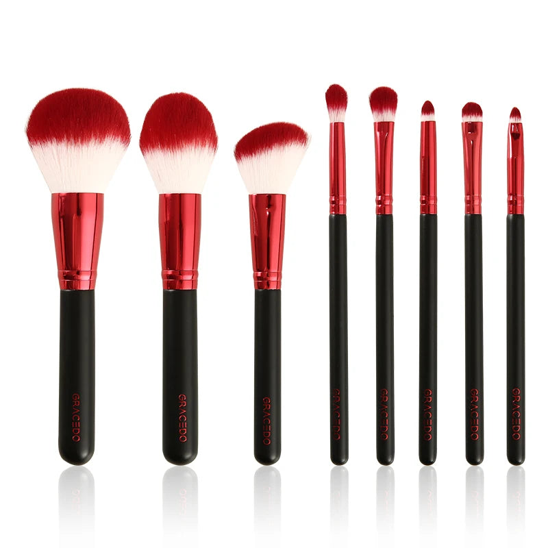 Red 8-Piece Professional Makeup Brush Set with Wood Handles and Synthetic Hair for Face and Concealer Use
