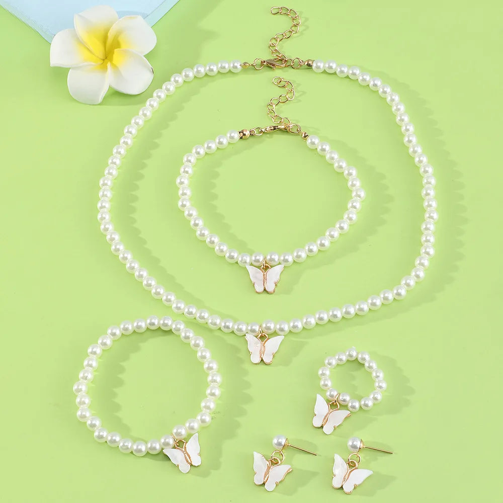 Fashion Women Pearl Butterfly Necklace Charms Acrylic Butterfly Earrings Necklace Ring Bracelet Jewelry Set