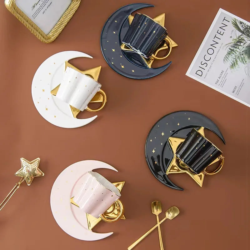 Irregular Nordic Star Moon Shape Plate Gold Handle Ceramic Tea Cup and Saucer Gift Set Porcelain Espress Coffee Mug