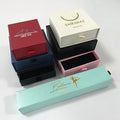 Recyclable Rigid Cardboard Square Sliding Drawer Ring Jewelry Box Logo Wholesale Custom Glossy Lamination Sponge Lined Ribbon