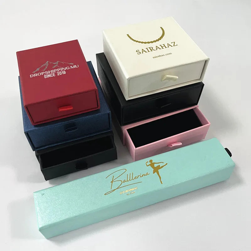 Recyclable Rigid Cardboard Square Sliding Drawer Ring Jewelry Box Logo Wholesale Custom Glossy Lamination Sponge Lined Ribbon