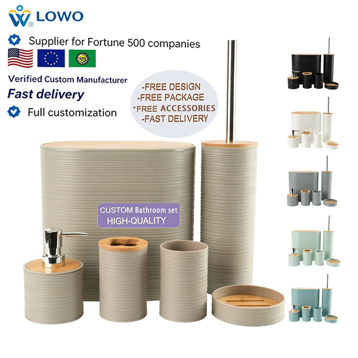 Luxury Plastic Bamboo Bath Accessories Trash Can Soap Dispenser Soap Dish Toilet Brush Toothbrush Holder Cup-Sanitary Ware Suite