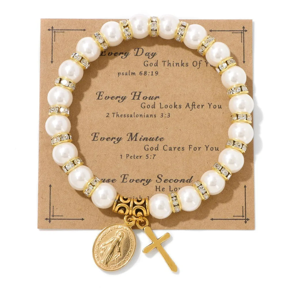 Christianity Religion Pray Blessing Round Shell Pearl Diamond Inlaid Spacer Stainless Steel Gold Buddha Cross Bracelet for Women