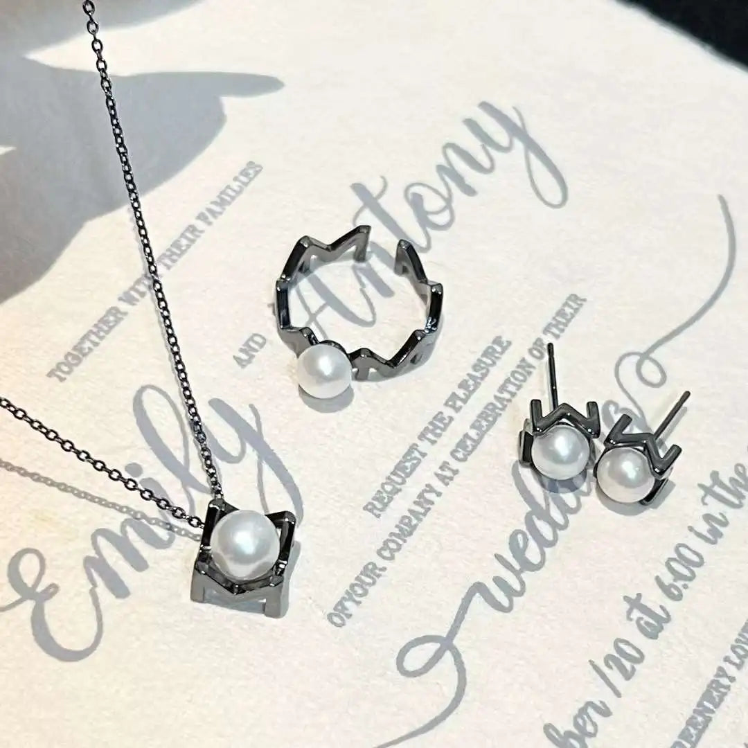 White M Set AAAA Grade Freshwater Pearl Necklace Ring Earring Set Black Rhodium Plated Women's Jewelry for Wedding & Anniversary