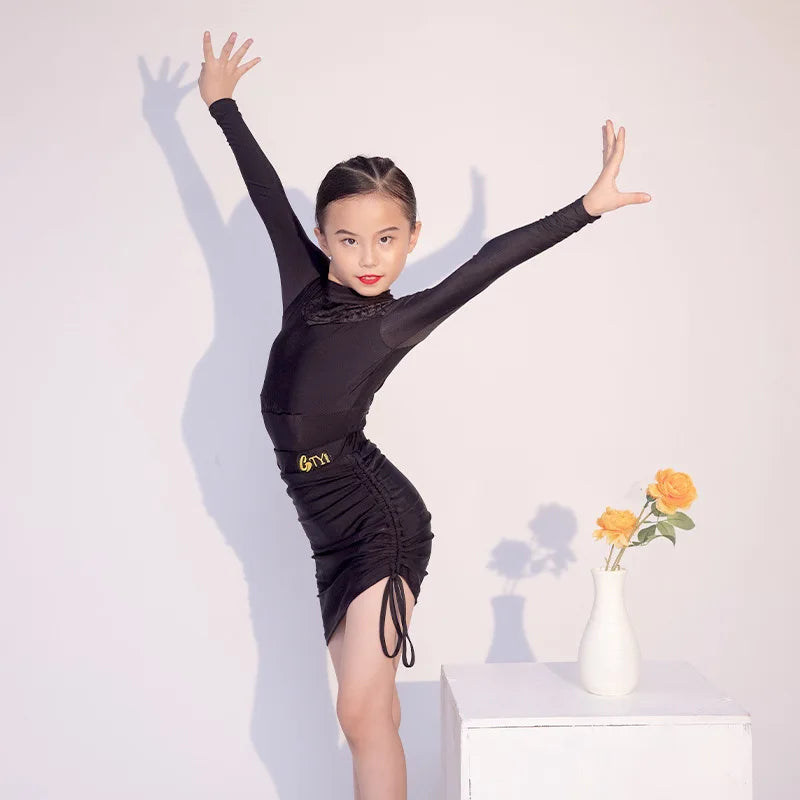 Black Long Sleeve Training Fancy Latin Dress Latin Dance Dress Girls New Style