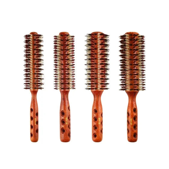 Laser Compact Round Roller Hair Brush with Wooden Handle Nylon Boar Bristles Vent Design for Styling