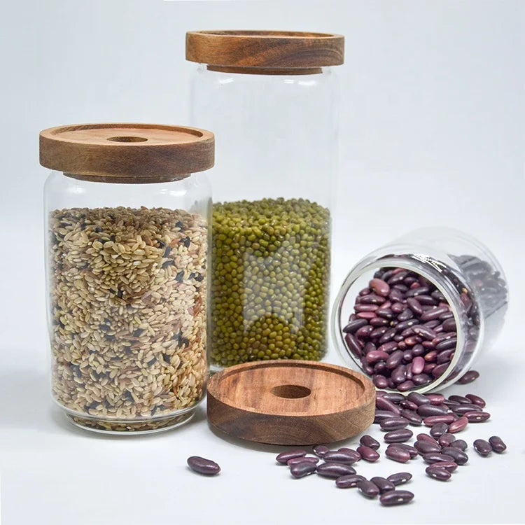 High Borolicicate Airtight Acacia Wood Lid Glass Sealed Jar Tank