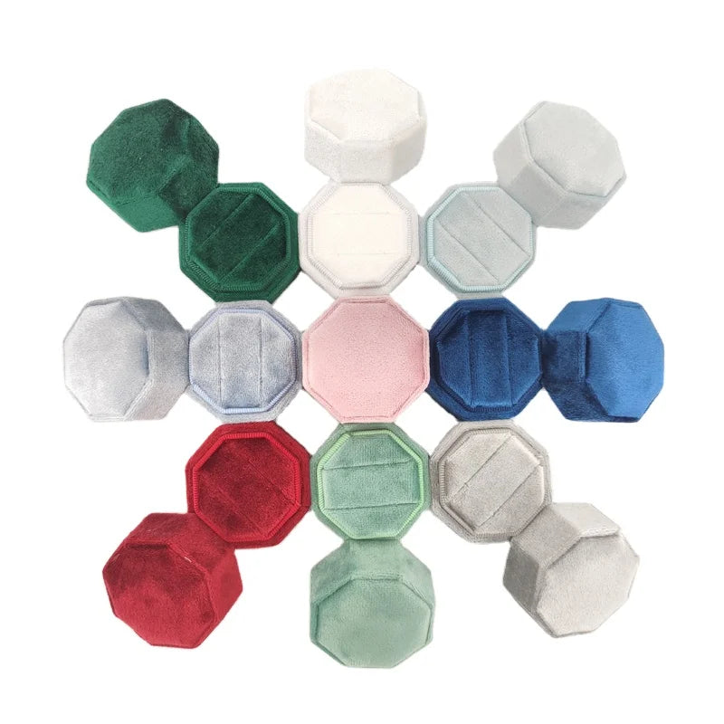 Hot Selling Octagonal Velvet Emeralds Gem Ring Box Wholesale Custom Velvet Jewelry Box 2 Slots Ring Box for Jewelry Packaging