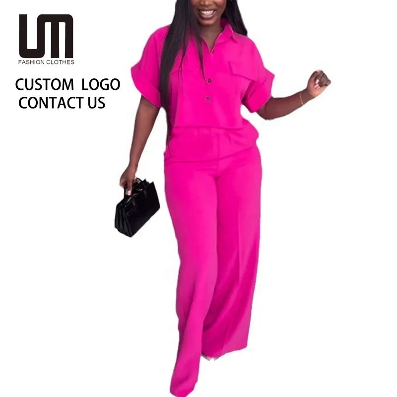 Liu Ming Custom Logo Wholesale Fashion Summer Women Set Short Sleeve Shirt and Wide Leg Pants Two 2 Piece Sets Outfit