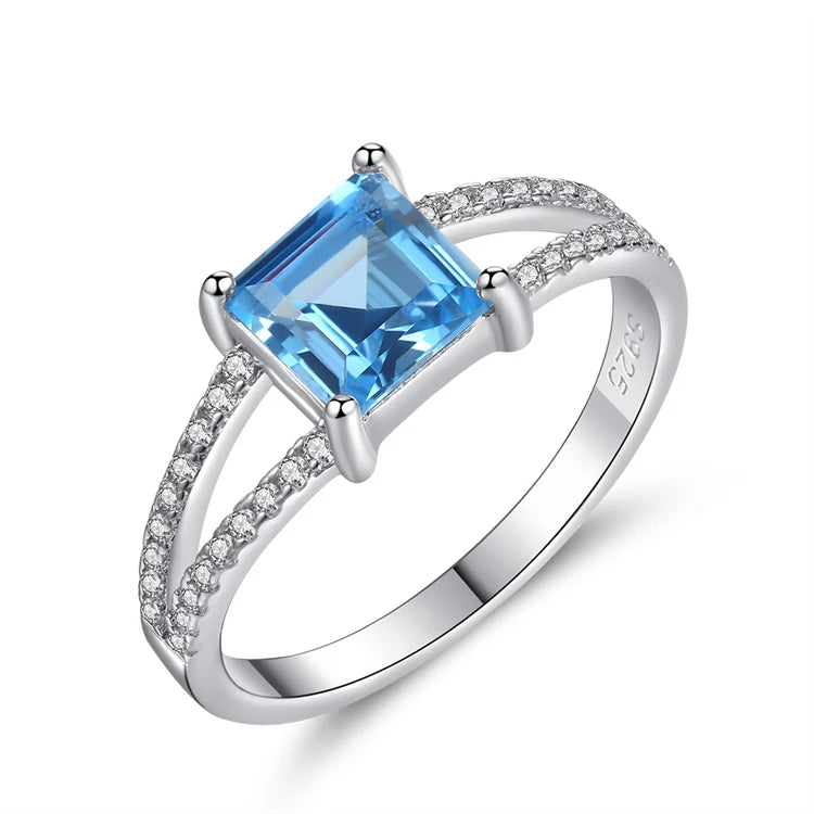 Hot Sale 925 Sterling Silver Square Shape Blue Topaz Gemstone Fashion CZ Diamond Rings for Women