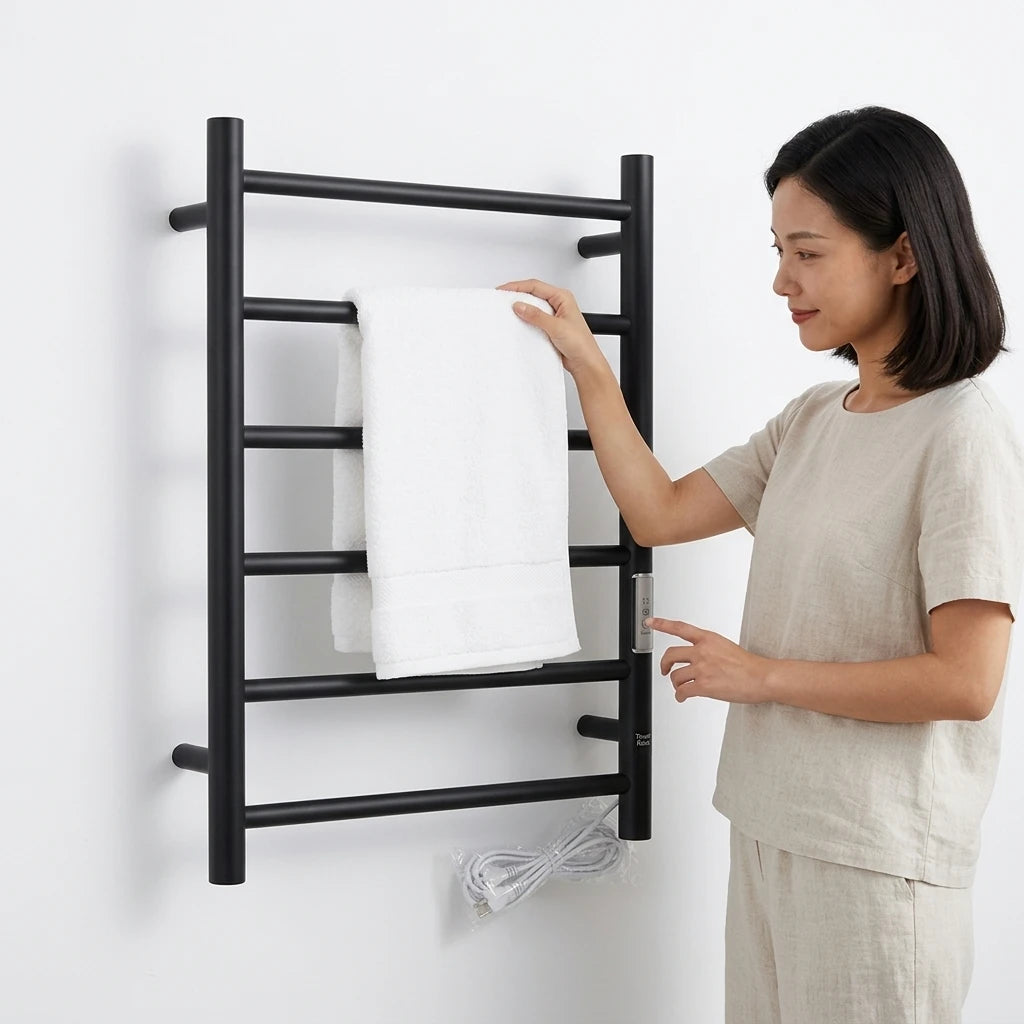 Towel Warmer Organizer Hanging Space Saving Electric Plug-in/Hardwired Heated Towel Drying RacksMatte Black
