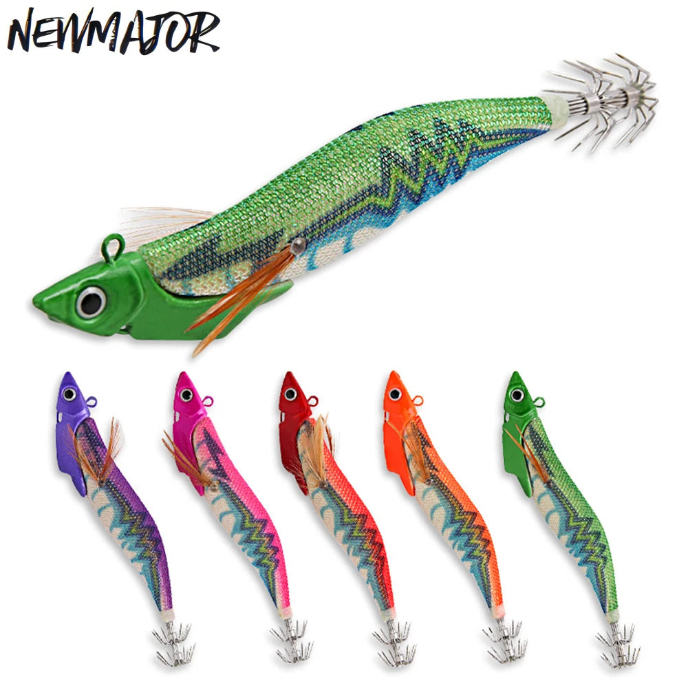 NEWMAJOR 13.4cm 38.5g Luminous Wooden Shrimp Wobbler Soft Egi Squid Hook Jig Cuttlefish Octopus Sea Fishing Lure Bait