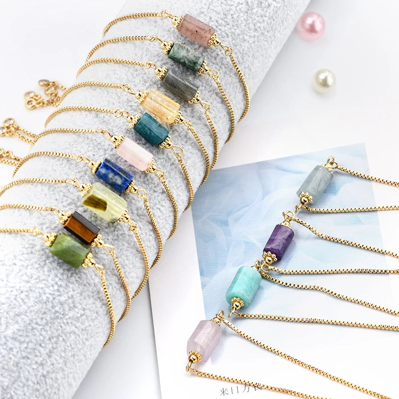 Gold Thin Chain Adjustable Bracelets 14k Gold Plated Gemstone Irregular Cylinder Charms Bracelet