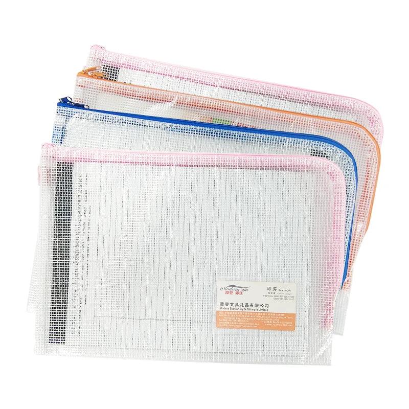 ModernQiu Custom Logo A4 PVC Mesh Bags Zipper Plastic File Folders Organizer Filing Products Made From Durable PU Material