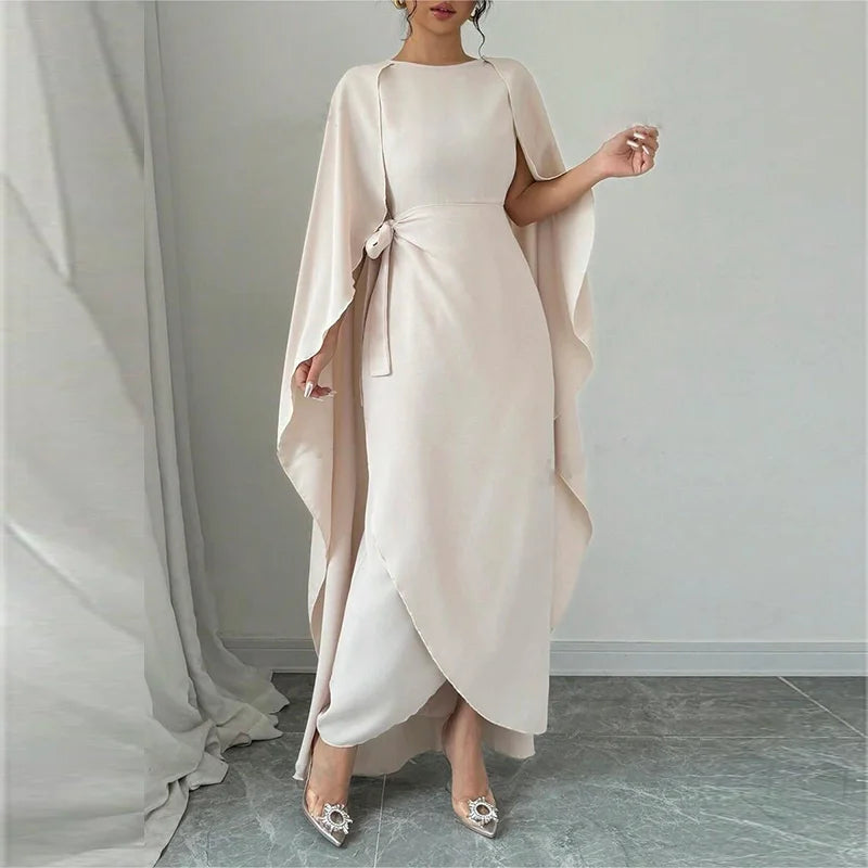 Custom Sleeveless with Cape Elegant Dress Tight Waist Asymmetrical Hem Maxi Long Dress