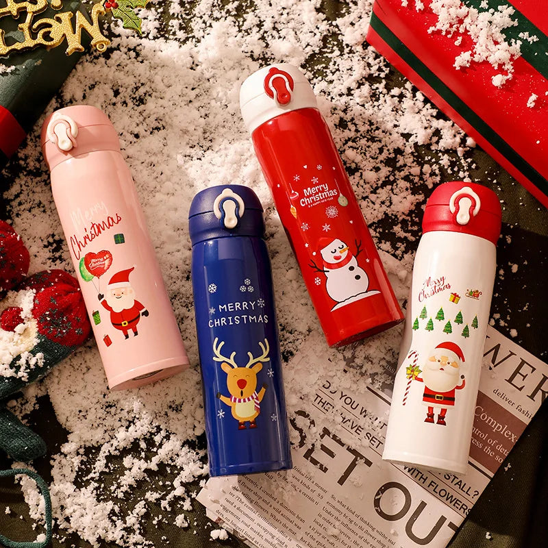 500ml Customizable Stainless Steel Vacuum Insulated Water Bottle Portable Cup Cartoon Elk Santa Snowman Design Christmas Gifts
