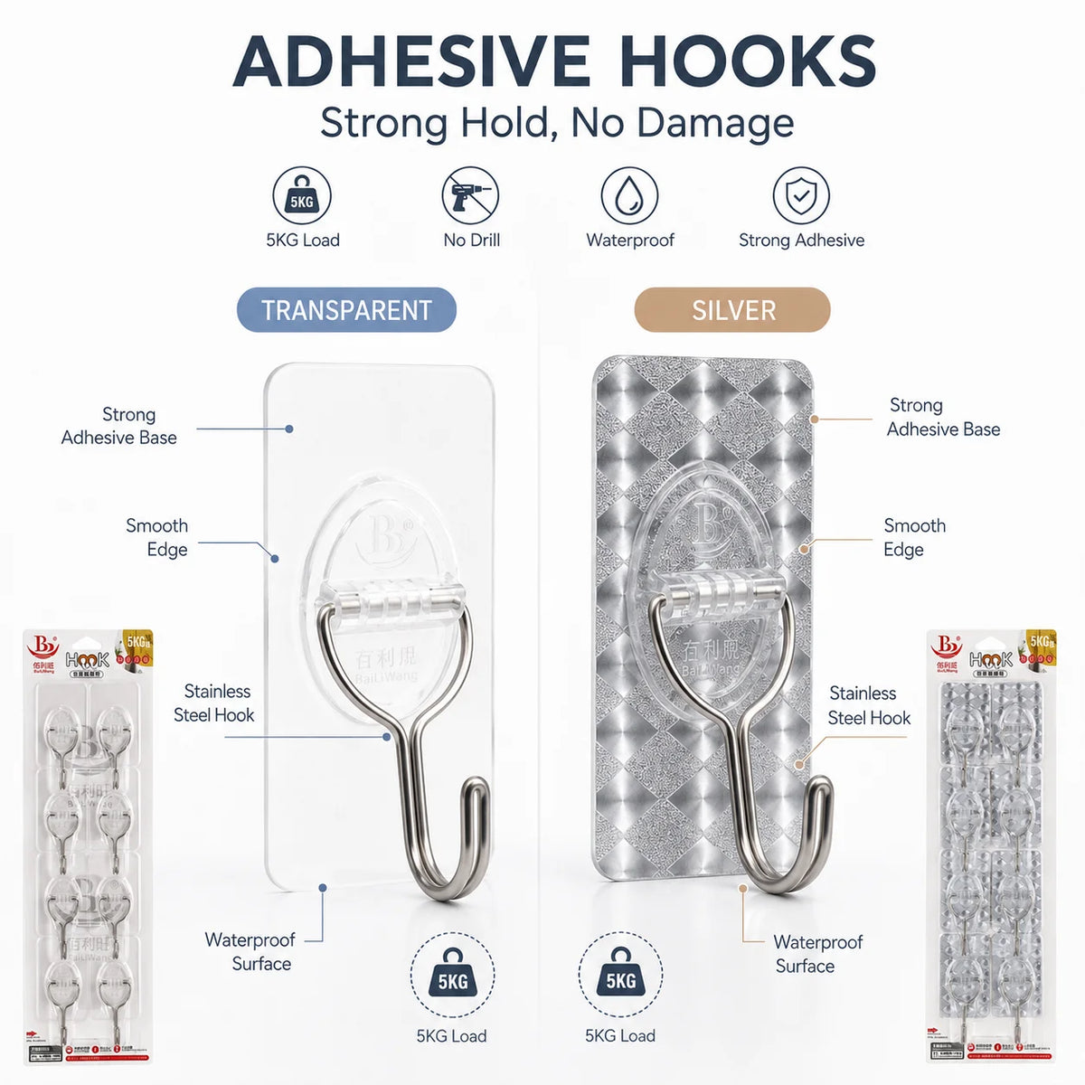 Greatbuy Customizable Eco-Friendly Multifunction Plastic Transparent Strong Self-Adhesive Wall-Mounted Kitchen Bathroom Hook