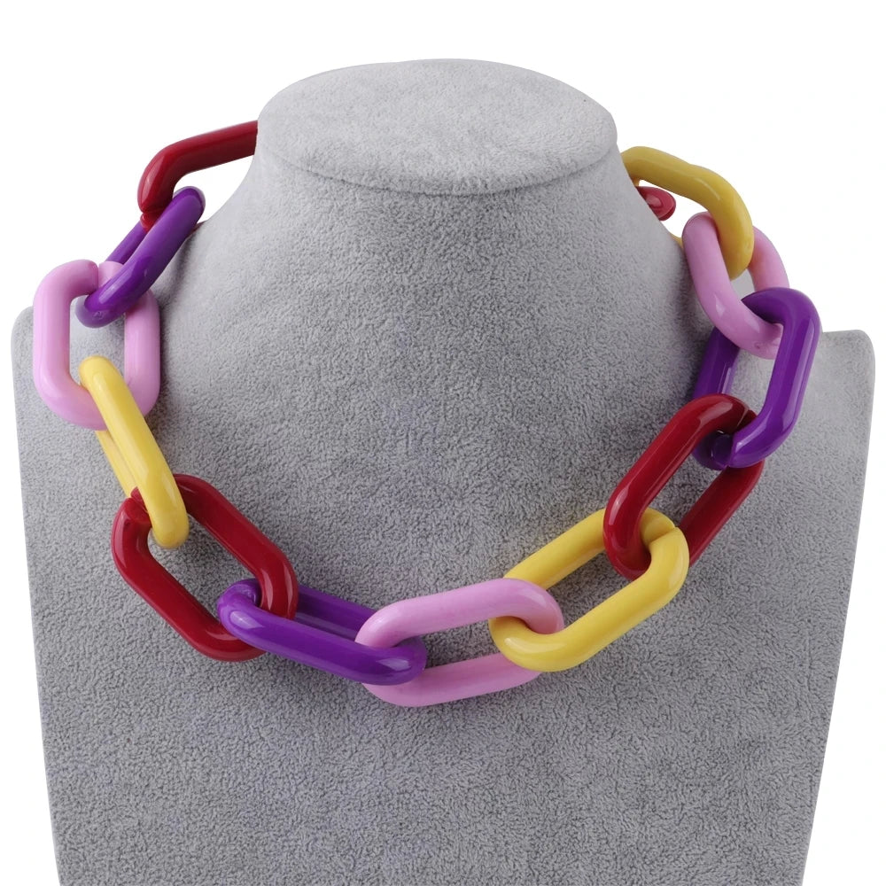 Partysu Colorful Bright Acrylic Resin Choker Necklace Long Chunky Link Chain Fashionable Accessory for Anniversary Occasions