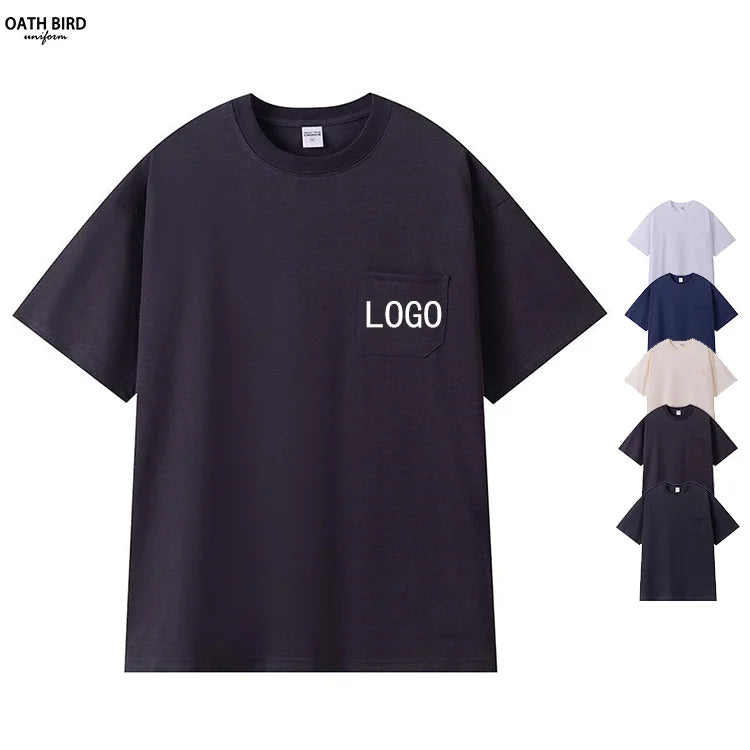Custom LOGO DTF Printing 100% Cotton Front Chest Pocket T-shirt Promotion Uniform Work Wear Blank Plain T Shirt for Men Unisex