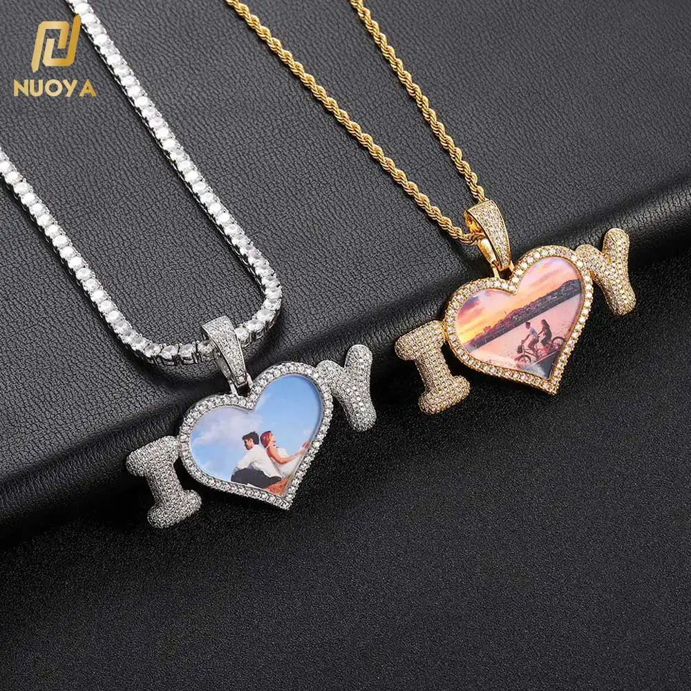 NUOYA Bubble Letter Design Heart Photo Pendant Necklace Custom Personalized Iced Out Diamond Letter Memory Charm for Couples