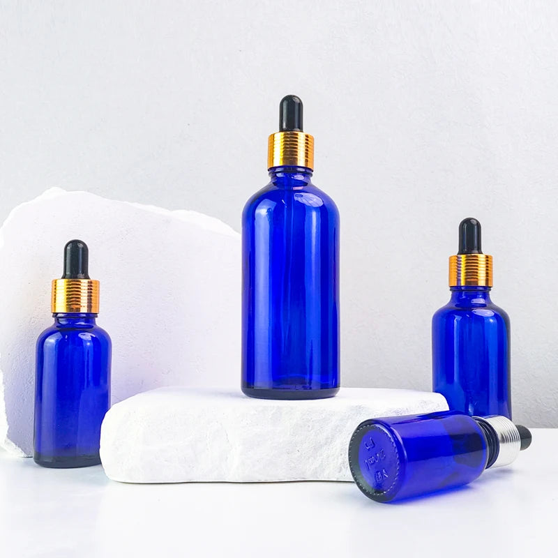 Hot Sale 5ml 10ml 15ml 20ml 30ml 50ml 100ml Blue Cobalt Essential Oil Glass Dropper Bottle with Lid