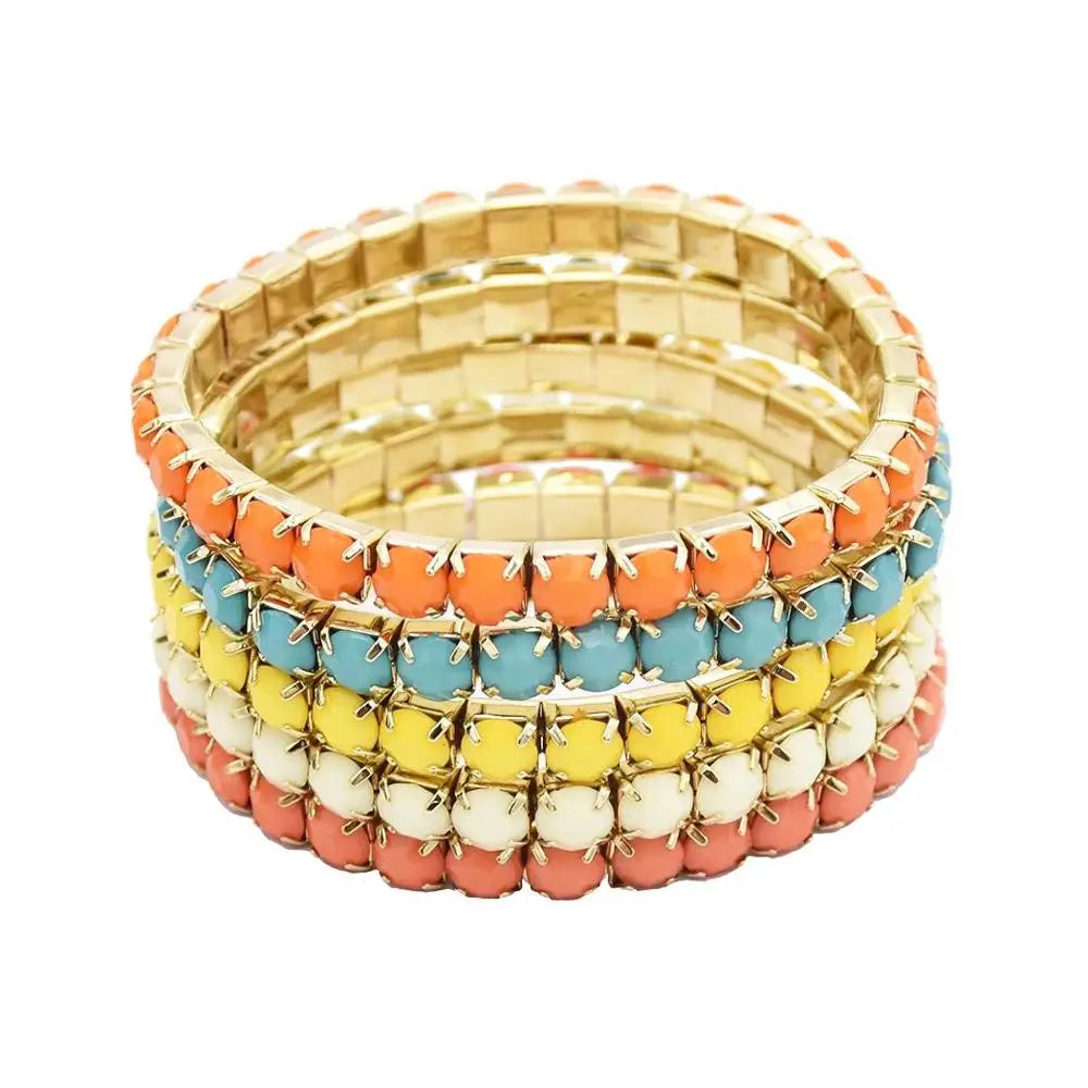 Gold Plated Multi Strand Resin Stone Colorful Gemstone Stretch Bracelet Set Gold Wholesale 5 Pcs/Set