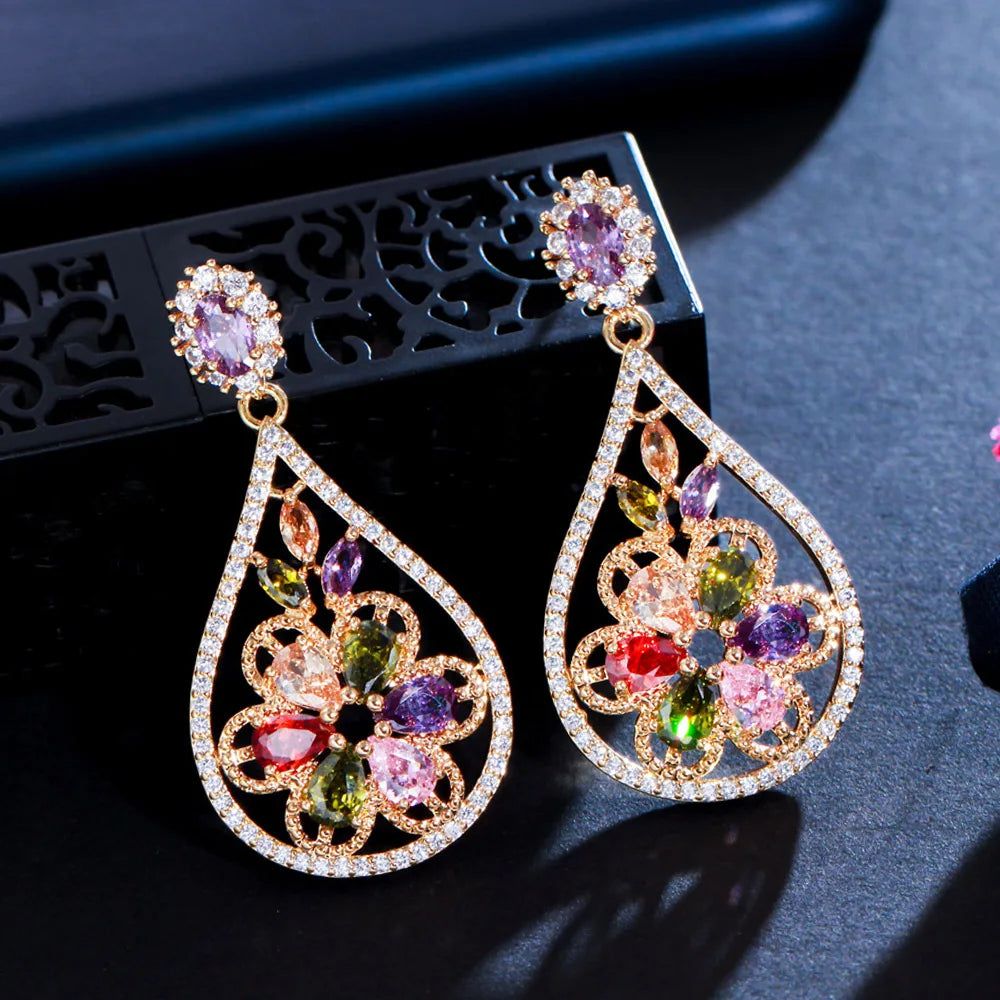 Fancy Multi Color CZ Zircon Stone Water Drop Brazilian 18k Gold Filled Vintage Flower Long Dangle Earrings for Women Party Jew