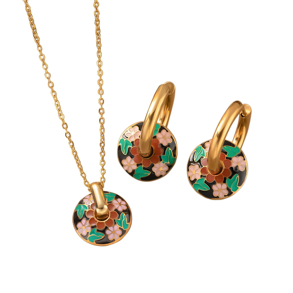 Vintage Circle Gold Plated Huggie Earrings Unique Dripping Oil Flower Pattern Stainless Steel No Fade Butterfly Shape Hoop