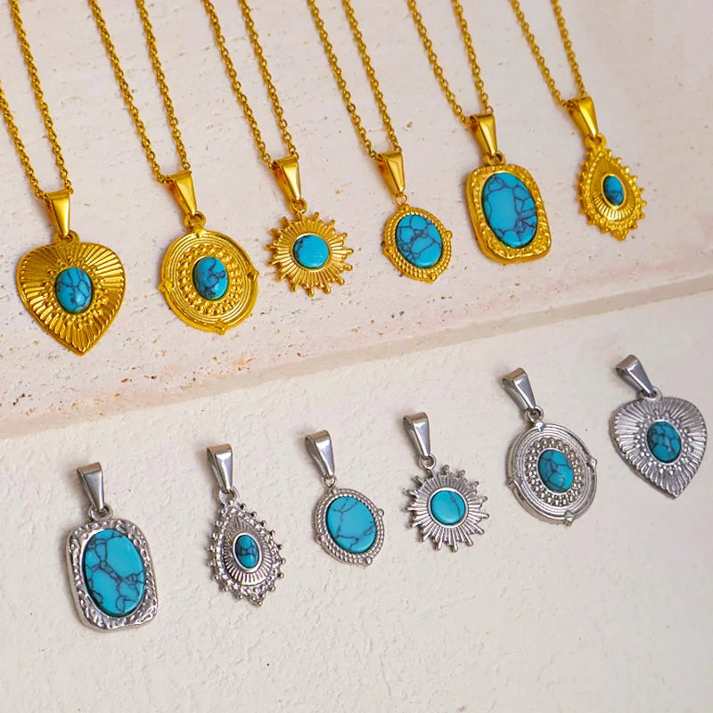 2025 New Stylish Wholesale 18k Gold Plating Turquoise Series Pendant Stainless Steel Heart Round Oval Shaped Charms for Women