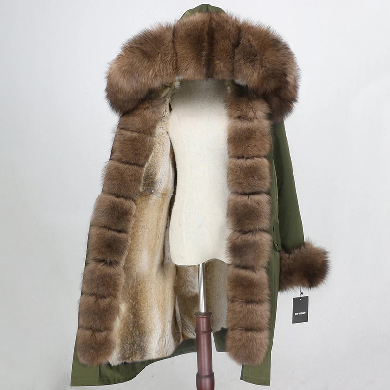 OFTBUY Women's Winter Jacket X-Long Waterproof Parka with Natural Fox Fur Collar Rabbit Fur Liner Real Fur Coat Streetwear Hood
