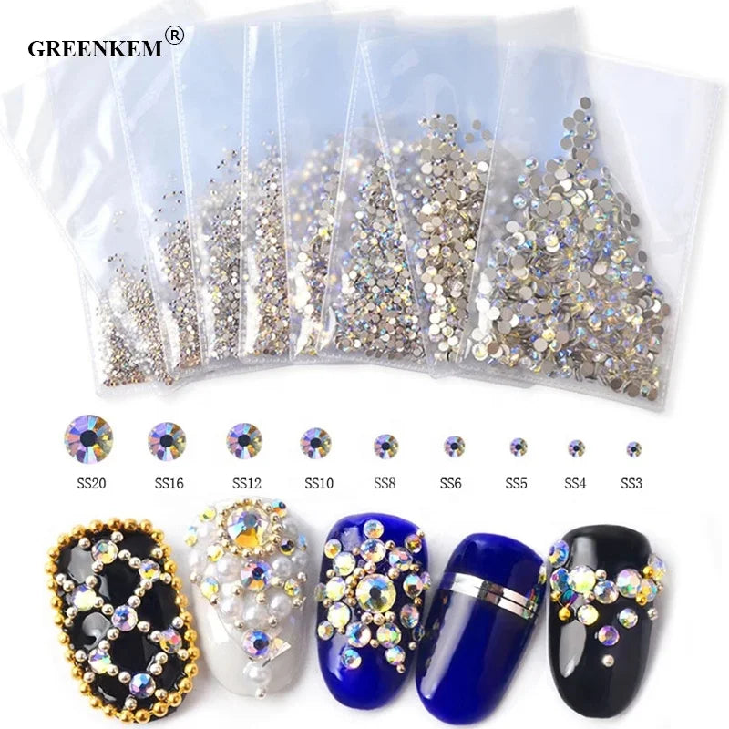 GREENKEM 1440pc/bag Super Glitter Rhinestones Crystal Clear Non HotFix FlatBack Glass Shiny Nail Drill AB Rhinestone Nails