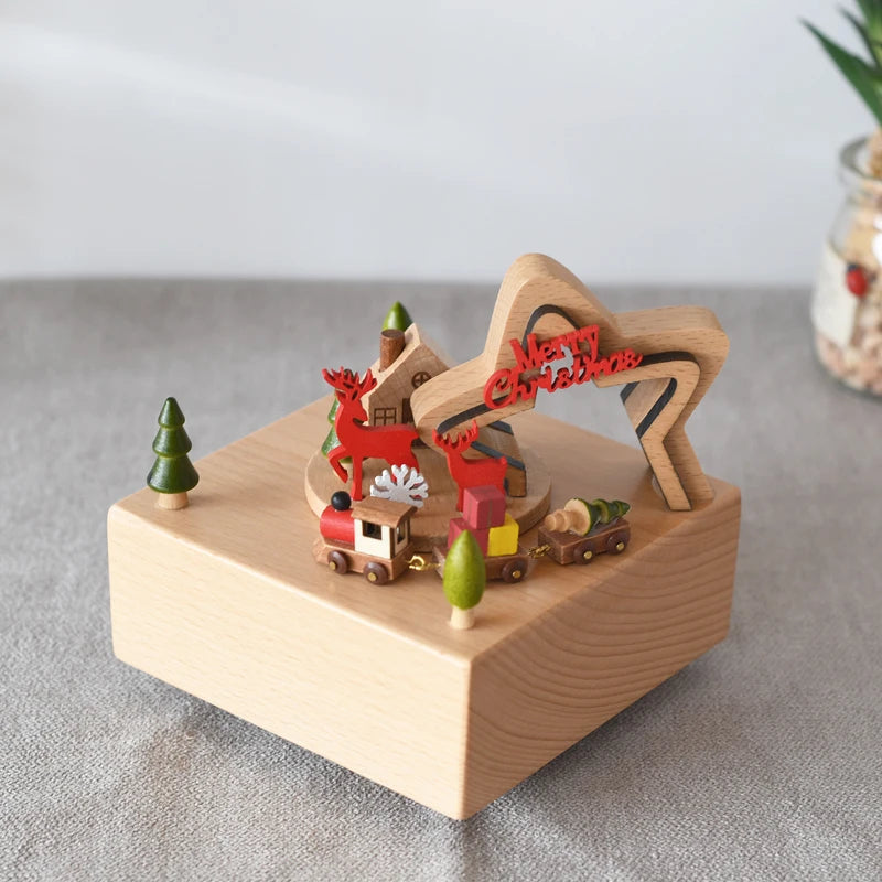 Christmas Star Music Box Wind up Clockwork Beech Wood 18 Note Custom Logo Red Gift Tabletop Decor Wholesale Supply MegaBDM