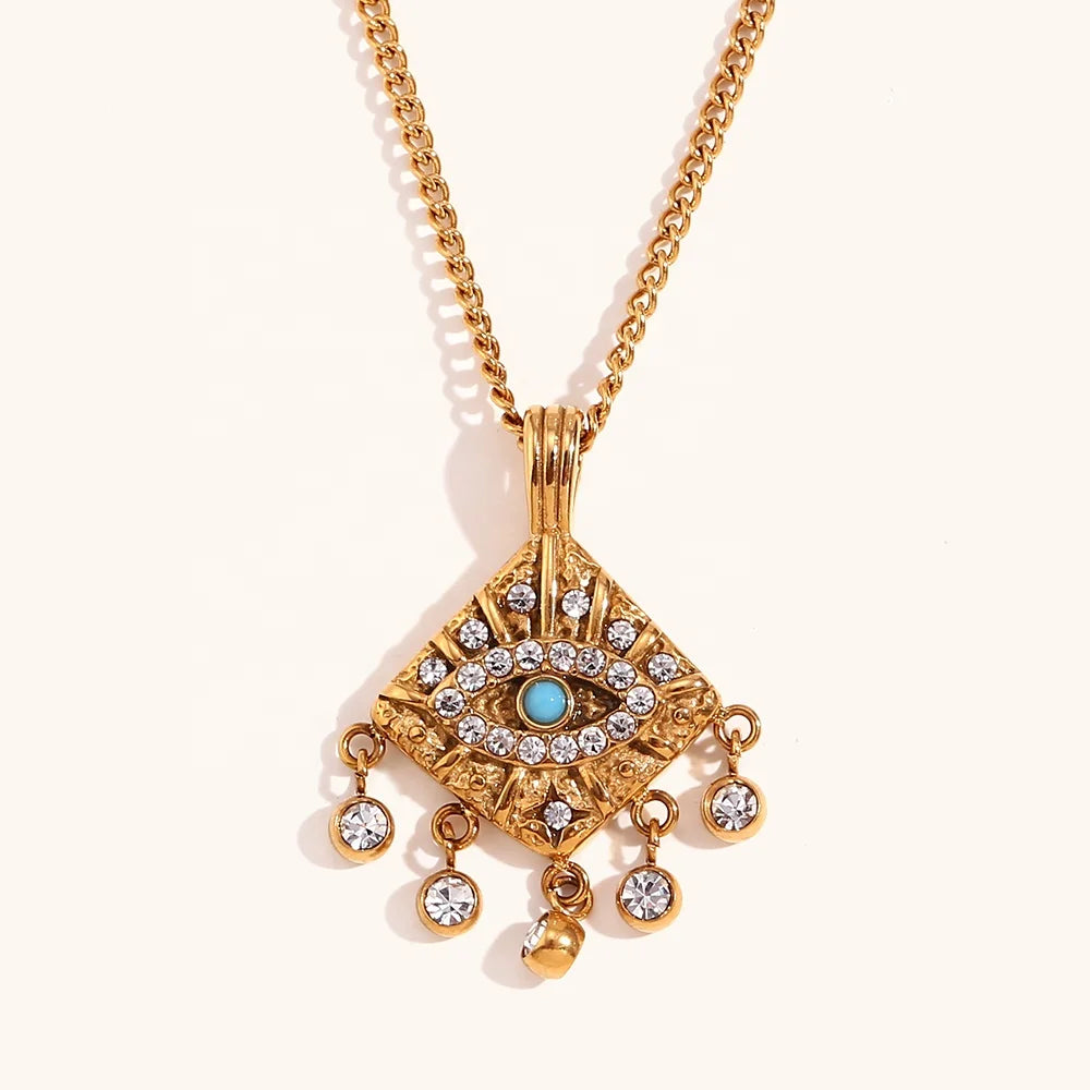 Ding Ran Unique Design Tassel Pendant Necklace Zircon Eye Rings and Necklaces Gold Plated Stainless Steel Jewelry Set