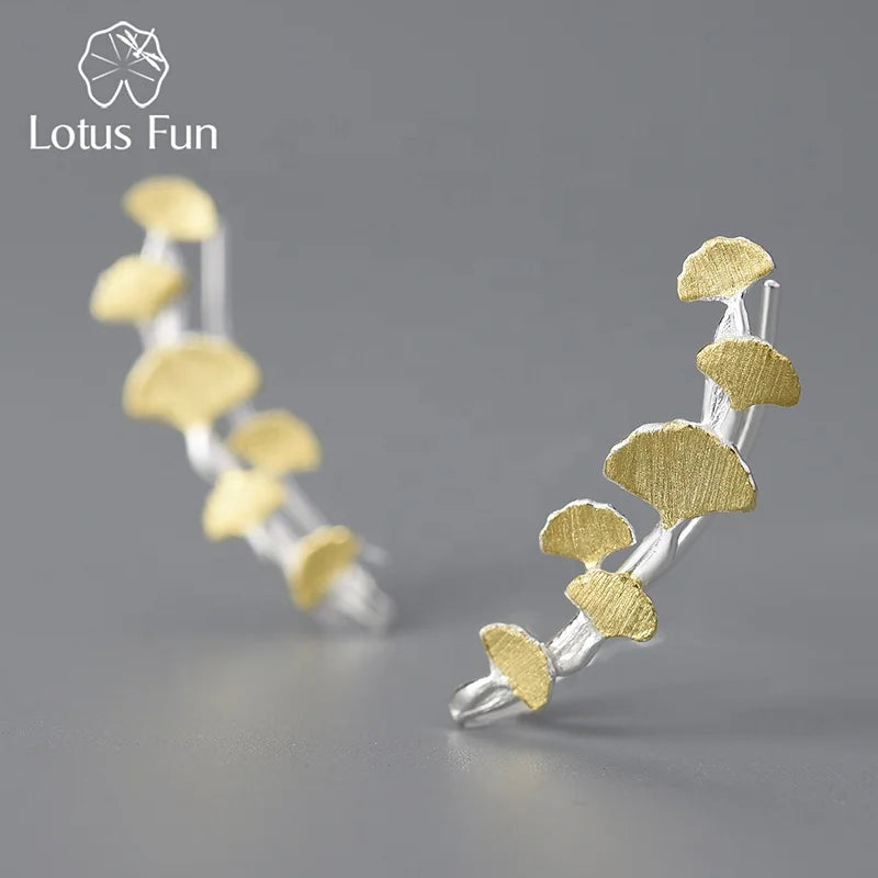 Lotus Fun Fashion Delicate Ginkgo Leaves Long Branch Stud Earrings Set 925 Sterling Silver With 18k Gold  Fine Jewelry for Women