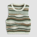 Vintage Designer Custom Knit Vest Ladies Crew Neck Ruched Edge Color Block Metallic Fabric Striped Hollow Out Knitted Sweater