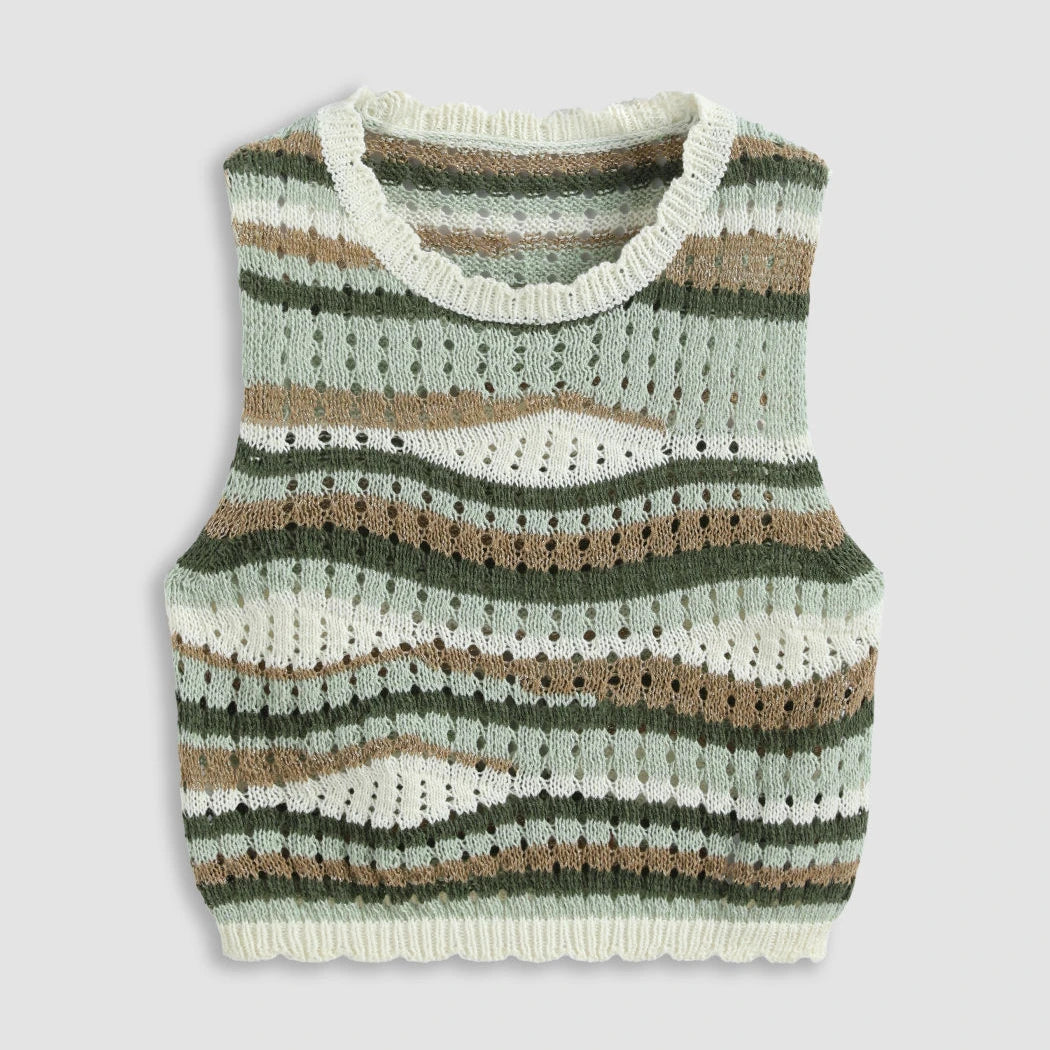 Vintage Designer Custom Knit Vest Ladies Crew Neck Ruched Edge Color Block Metallic Fabric Striped Hollow Out Knitted Sweater