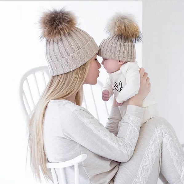 Mom Me Matching Winter Beanie Knitted Hat for Women Men Lady Girl Kid Toddler with Faux Fur Ball Top