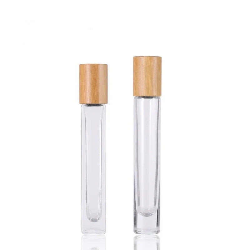 10ml Flat Glass Roll-On Bottle with Bamboo Lid Square Empty Perfume Container for Skin Care Cream & Facial Cleanser