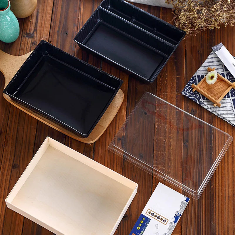Eco Custom Disposable Wooden Folders Sushi Platter Takeaway Food Packaging with Clear Lid for Sugar