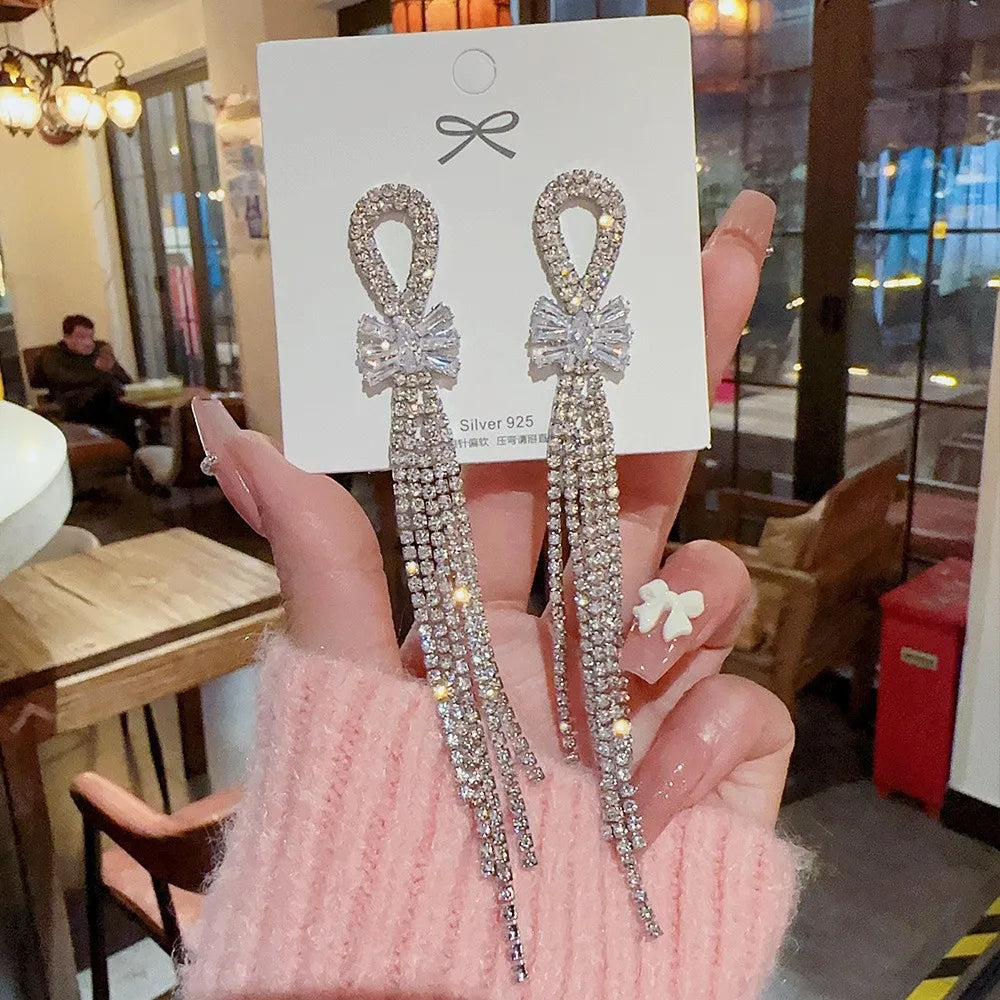 Luxury White Diamond Crystal Tassel Drop Dangle Earrings Exaggerated Big Rhinestone Earrings for Wedding Party Jewelry