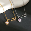 Fashion Necklace Light Luxury Stainless Steel Gold Plated Pink Zircon Inlay Pin Heart Pendant Necklace for Women Jewelry