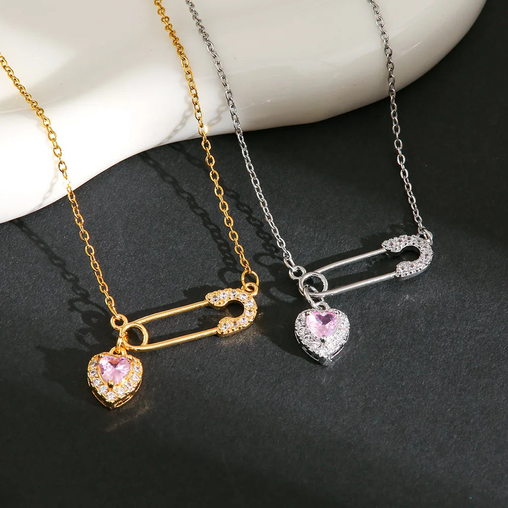 Fashion Necklace Light Luxury Stainless Steel Gold Plated Pink Zircon Inlay Pin Heart Pendant Necklace for Women Jewelry