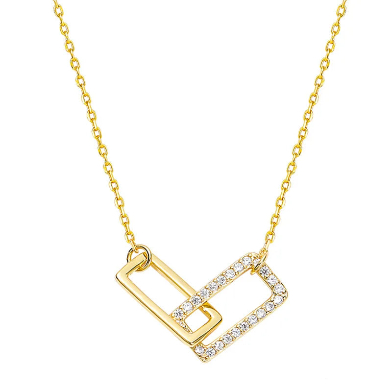 Fashion Jewelry 925 Sterling Silver Necklace Geometric Double Square Hollow Rectangle Zircon Gold Plated Necklaces Women