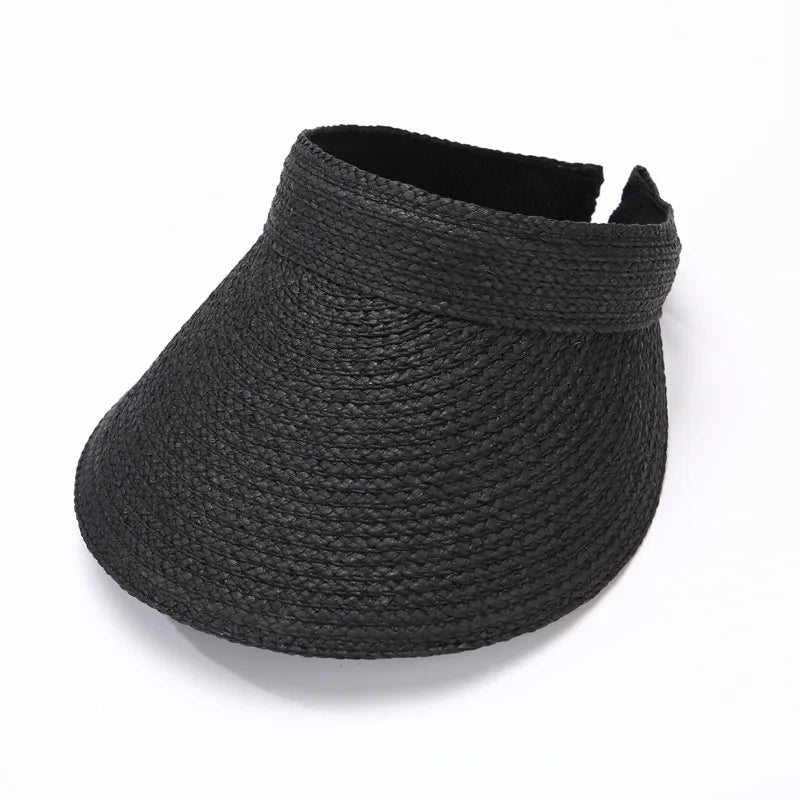 Women Straw Sun Visor Hat Wide Brim Summer UV Protection Fashionable Ponytail Caps